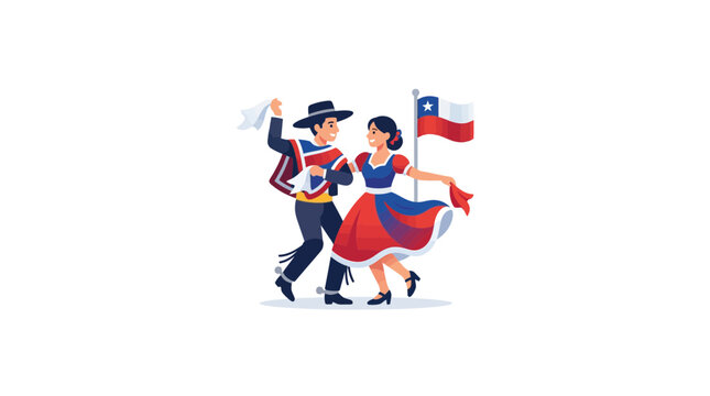 Chilean Couple Dancing Cueca with National Flag