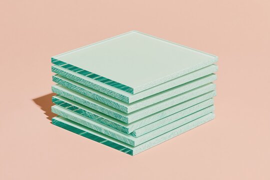 Stack of square glass panels showing polished green edges and translucent surfaces on a pink background for architectural design and material research