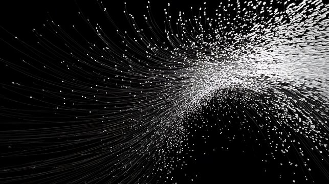 Abstract flowing particle wave of glowing white cubes and thin lines creating a dynamic digital motion effect against a deep solid black background