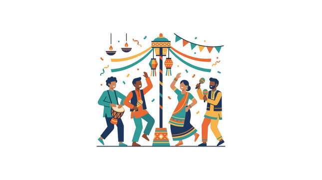 Indian Festival Celebration: People Dancing, Playing Music Around Decorated Pole