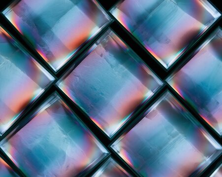 Iridescent crystal slides in a geometric pattern glow with prismatic light for scientific research and abstract laboratory backgrounds