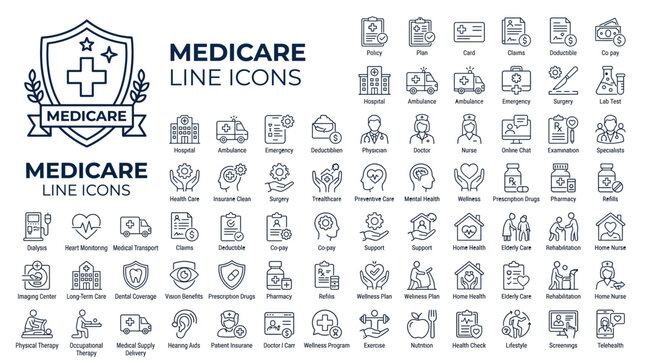 Set of medicare line icons, medical and healthcare insurance symbols, vector illustration