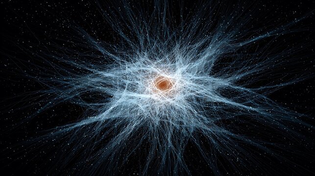 Abstract glowing neural network radiating light across deep space representing cosmic connectivity and complex data structures in a digital universe