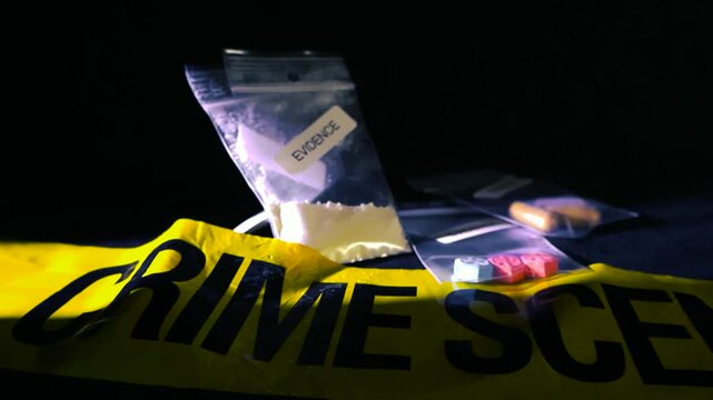 Yellow police tape surrounds seized illegal drugs inside evidence bags containing pills, capsules, and white powder, representing a major narcotics bust on a dark, dramatic background