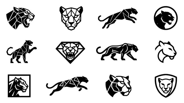 Set of Black Panther Logo Icons and Minimalist Vector Illustrations
