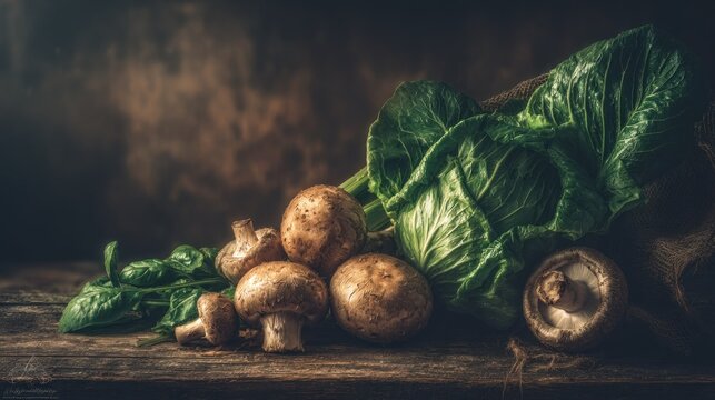Fresh culinary ingredients, including leafy greens and brown fungi, are arranged upon a rustic wooden surface in dim lighting.