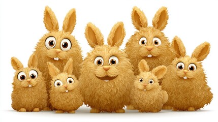 Fototapeta premium Group of fluffy, cartoonish brown rabbits with large eyes standing together