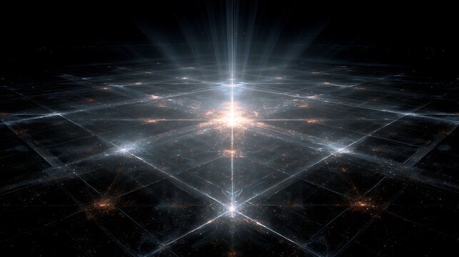 Abstract digital fractal grid featuring radiant light beams with glowing geometric intersections