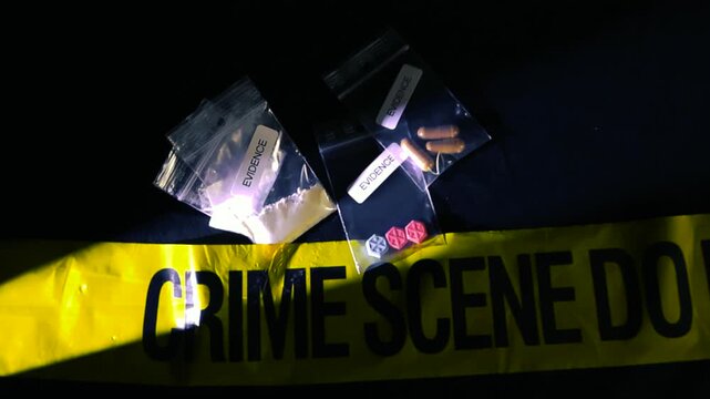 Several evidence bags filled with seized drugs, including white powder, capsules, and pills, resting on yellow police tape at a crime scene under dramatic lighting on a dark black background