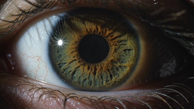 Extreme macro cinematic video of a single human eye,
close-up shot filling the entire frame