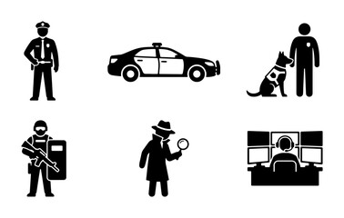 Police Icons Set, Law Enforcement Vector Graphics, Security Officer, K9 Unit, Detective, Patrol Car © Saad
