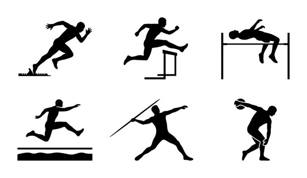 Athletics Silhouettes: Sprint, Hurdles, High Jump, Long Jump, Javelin, Shot Put Icons