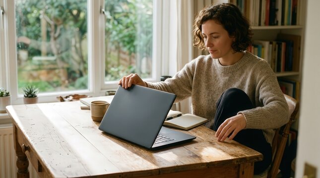 Young Woman Closing Laptop After Working from Home Comfortably