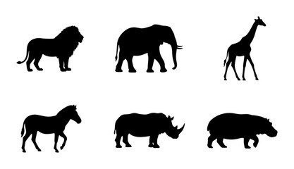 African Wildlife Silhouettes: Lion, Elephant, Giraffe, Zebra, Rhino, Hippo Vector Icons © Zarin