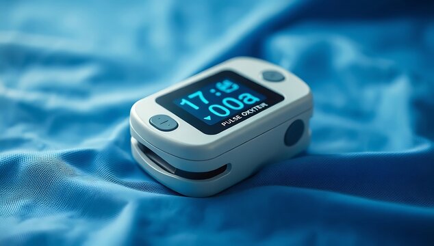 Pulse oximeter on blue fabric background showing vital signs