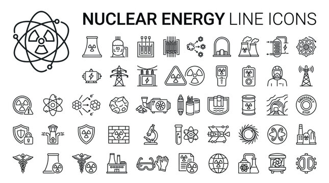 Set of nuclear energy line icons, including symbols for power plants, radiation, atoms, and safety equipment