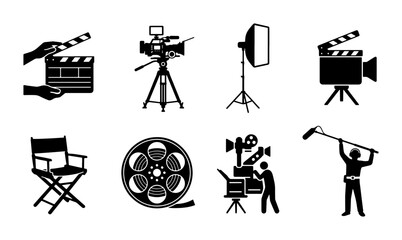 Filmmaking Icons Set: Camera, Director Chair, Clapperboard, Boom Mic, Lights © Mili