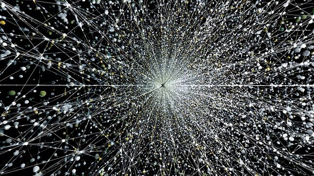 Crystalline data visualization with white lines and nodes on black background with resembling crystalline structure complex network white connections