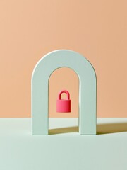 Fototapeta premium Minimal light blue arch with a pink padlock floating inside the opening, showing matte textured surfaces and clean geometric shadows for security and data protection concepts