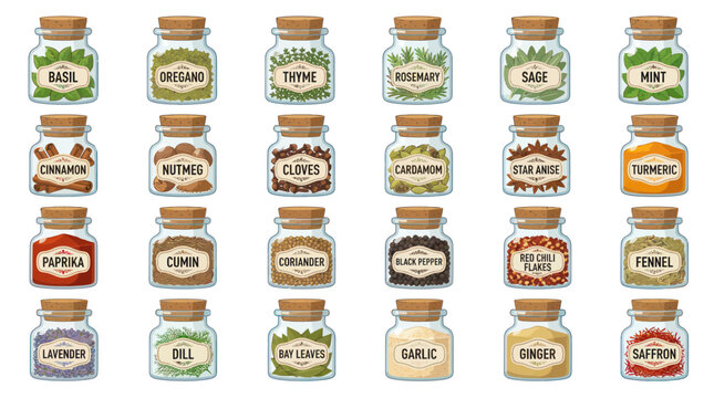 Collection of spice jars with labels.