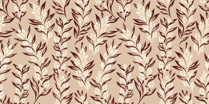 Elegant seamless botanical pattern with leafy branches in warm beige and brown tones. Ideal for fabric, wallpaper, wrapping paper, stationery, and packaging