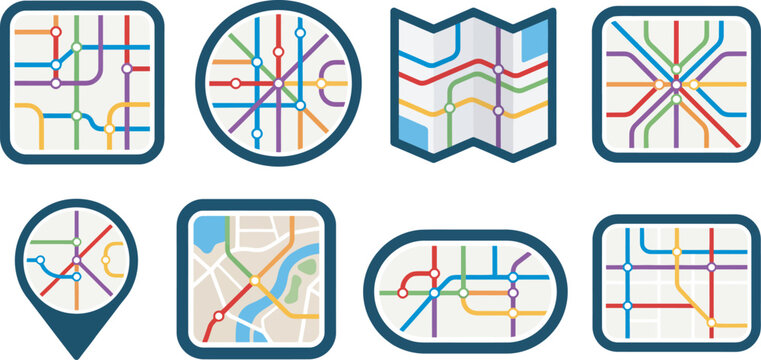 Set of colorful transit map icons in flat vector style, modern collection representing transportation routes, metro lines, bus stops, and navigation systems for urban planning 