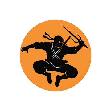 Black ninja silhouette in a mid-air jump pose against a large orange circular sun, holding a sai weapon with a katana on back, isolated on white background, vector illustration style.