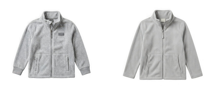 Two grey fleece jackets for children isolated on transparent background