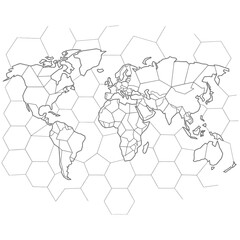 Obraz premium Global communication network map with world continents and hexagonal pattern