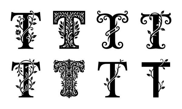 Elegant 'T' Letter Monograms, Ornate Floral Typography, Vintage Alphabet Designs, Decorative Vector Elements