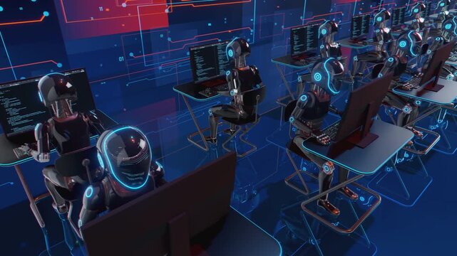 Endless 3d loop of futuristic humanoid robots working at computers. Concept of mass production, factory automation, robotics industry and advanced technology workforce in a sci-fi warehouse.