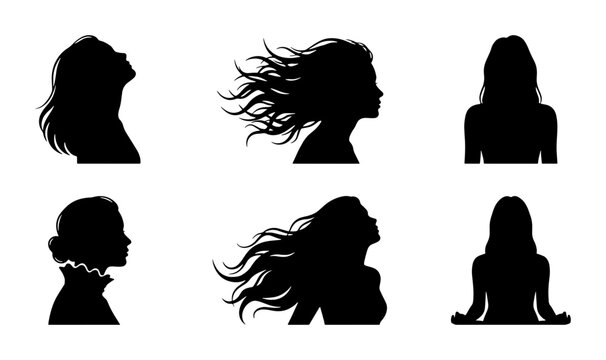 Silhouette Portraits Collection: Elegant Female Profiles, Wavy Hair, Updo Styles, Vector Graphics