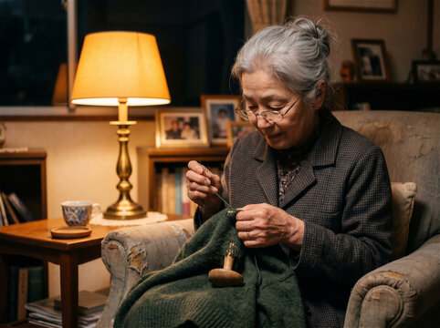 Elderly Japanese woman darning woollen sweater by lamp at evening, slow living repair culture, tactile craft lifestyle