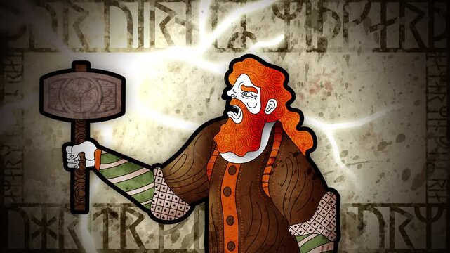 thor god of thunder holding his hammer with lightning and runes