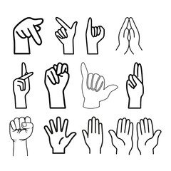 Fototapeta premium Human hand gestures and sign language line art icons including prayer, fist, and pointing.