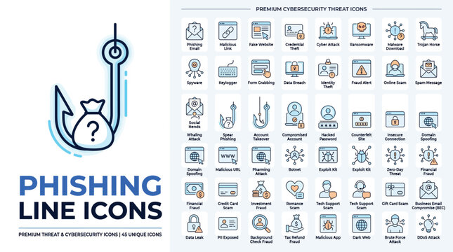 Set of 45 premium cybersecurity threat icons, including phishing, malware, ransomware, and data breach