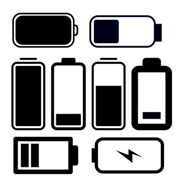Set of battery status line icons indicating charge levels from empty to full, including a charging battery with a lightning bolt symbol. Minimalist black and white vector interface elements.