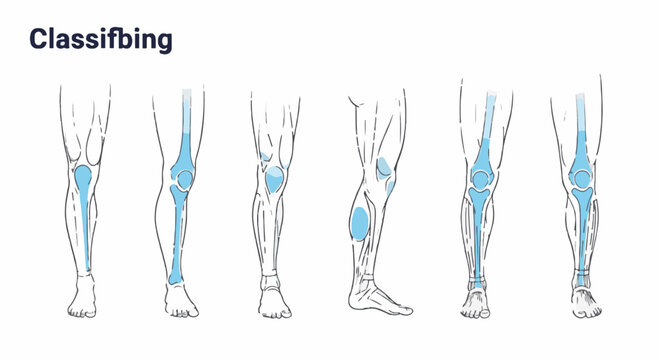 Anatomical line drawing showing human male leg shape classifications with skeletal alignment highlights. Displays knee positions, shin bone structure, and foot placement on a white background.