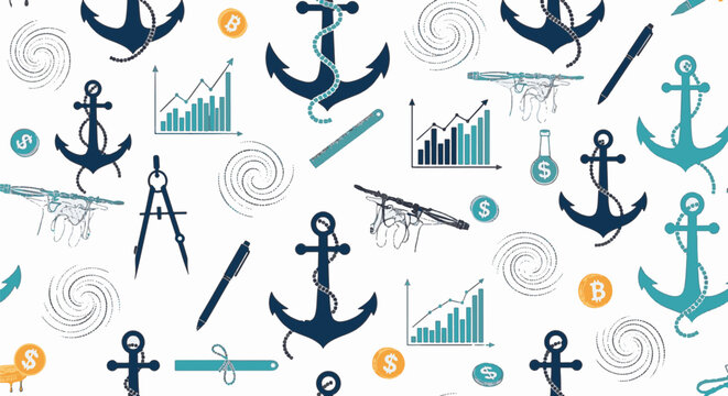 Seamless pattern featuring navy and aqua anchor silhouettes, financial bar graphs, line charts, drafting compasses, pens, rulers, bitcoin coins and dollar signs on a white background.