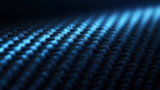 Close-up of dark woven synthetic fiber with reflective blue light highlighting intricate texture and pattern in high detail for industrial design