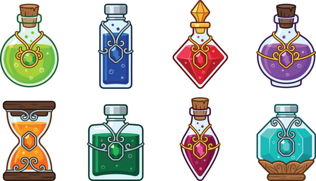 Magic Potion Bottle Icon Set with Colorful Elixirs Hourglass Gems and Liquid Flasks for Fantasy RPG Game UI and Graphic Designs