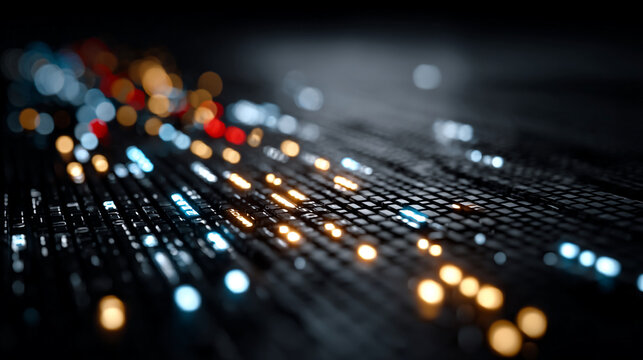 Digital code interface with glowing bokeh lights on dark background technology concept
