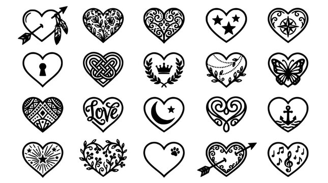 Hearts with Intricate Designs and Symbols in Black and White Featuring Love, Arrow, Key with Crown and Stars Elements for Anchor, Music Projects