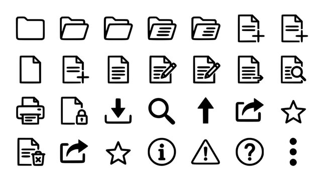 Document Icons Set with File Folders, Labels, Arrows, Magnifying Glass and Caution Symbols on White Background