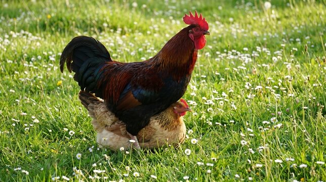 A vibrant rooster mating with a hen in a sunlit green field.