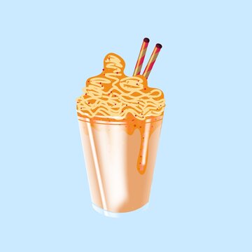 Minimalist orange milkshake illustration on purple. Hand-drawn sweet mango and peach smoothie cocktail with whipped cream. Cute fruit beverage icon for cafe menu and branding.
