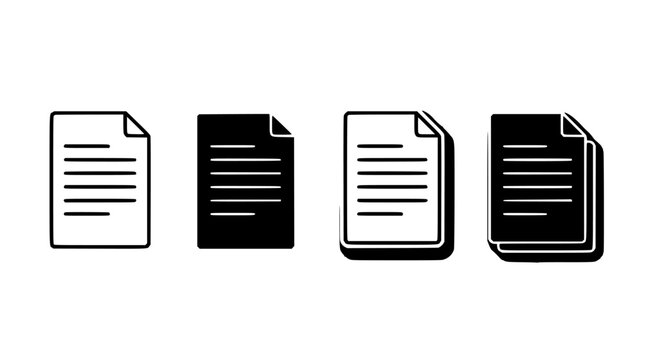 Document Icon Set on White Background with Black and Outlined Pages for File Management and Interface Design