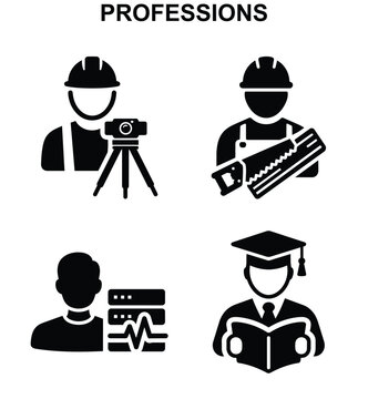 Professions professions icon set with surveyor carpenter data engineer and teacher black and white vector