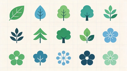 Fototapeta premium Collection of flat vector icons featuring various types of leaves, trees, and floral shapes