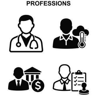 Professions professions icon set with doctor meteorologist banker and inspector black and white vector